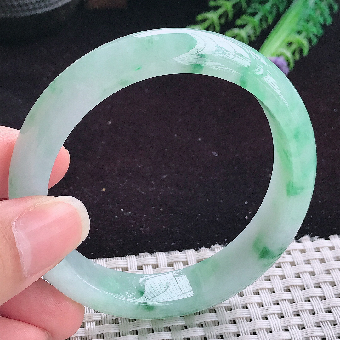 实拍A货翡翠57/14/8.3老坑冰胶果冻飘绿花手镯平安镯翡翠玉镯美人镯