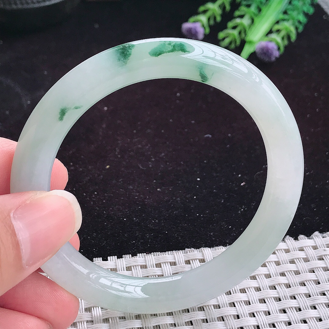 自然光53.5/9.2老坑精美冰飘花圆条手镯平安镯翡翠玉镯美人镯