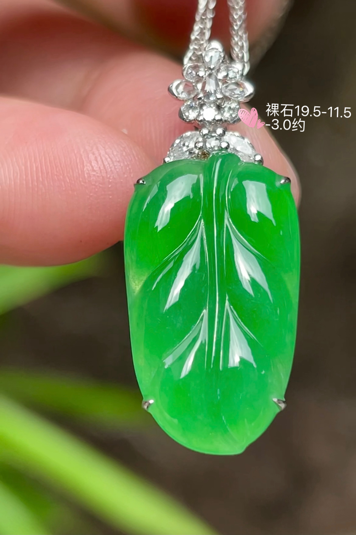 【高冰阳绿，叶子】
饱满厚装，水润，玉质细腻，翠色鲜艳，18k金奢华钻石镶嵌️