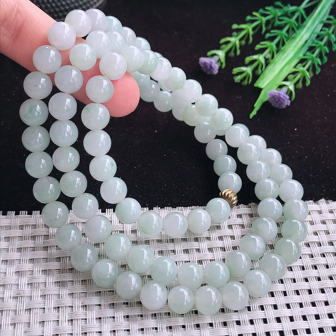 实拍A货翡翠8.5/88颗老坑冰润起胶晴底圆珠项链吊坠翡翠玉珠手串