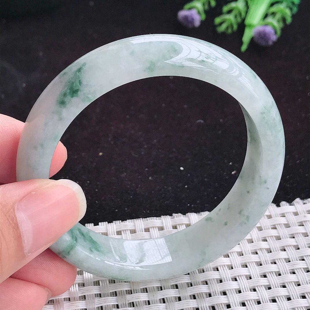 自然光53/13.6/7.6老坑精美温润飘花宽边手镯平安镯翡翠玉镯美人镯