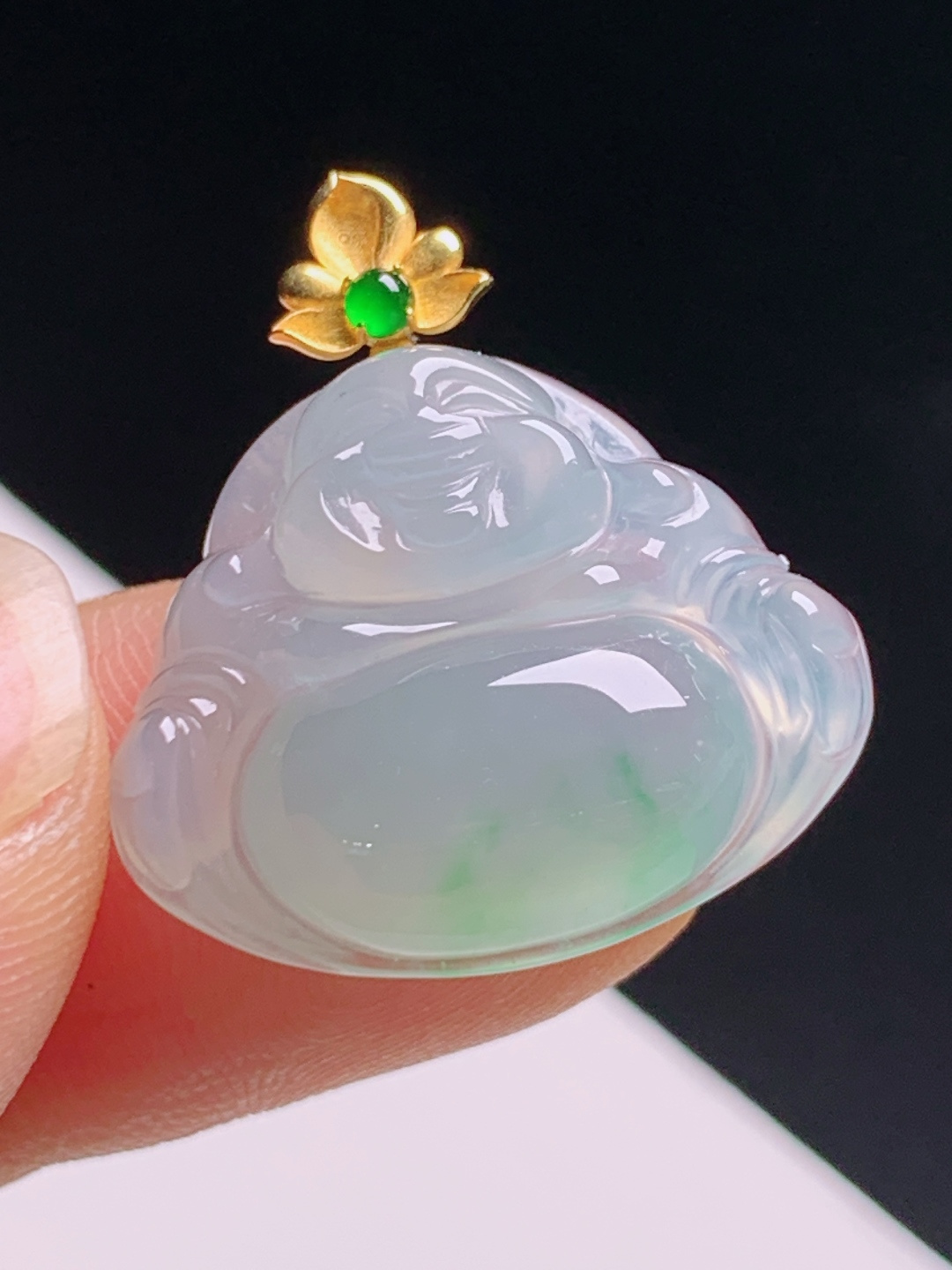 ️ 冰种飘花佛公吊坠，冰润通透起胶饱满，18K金镶阳绿顶珠笑口常开 530608