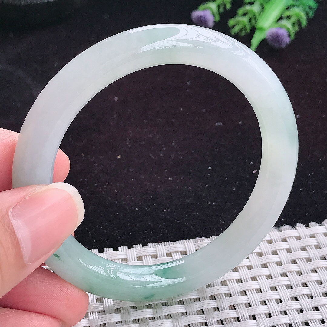 自然光53.5/9.2老坑精美冰飘花圆条手镯平安镯翡翠玉镯美人镯