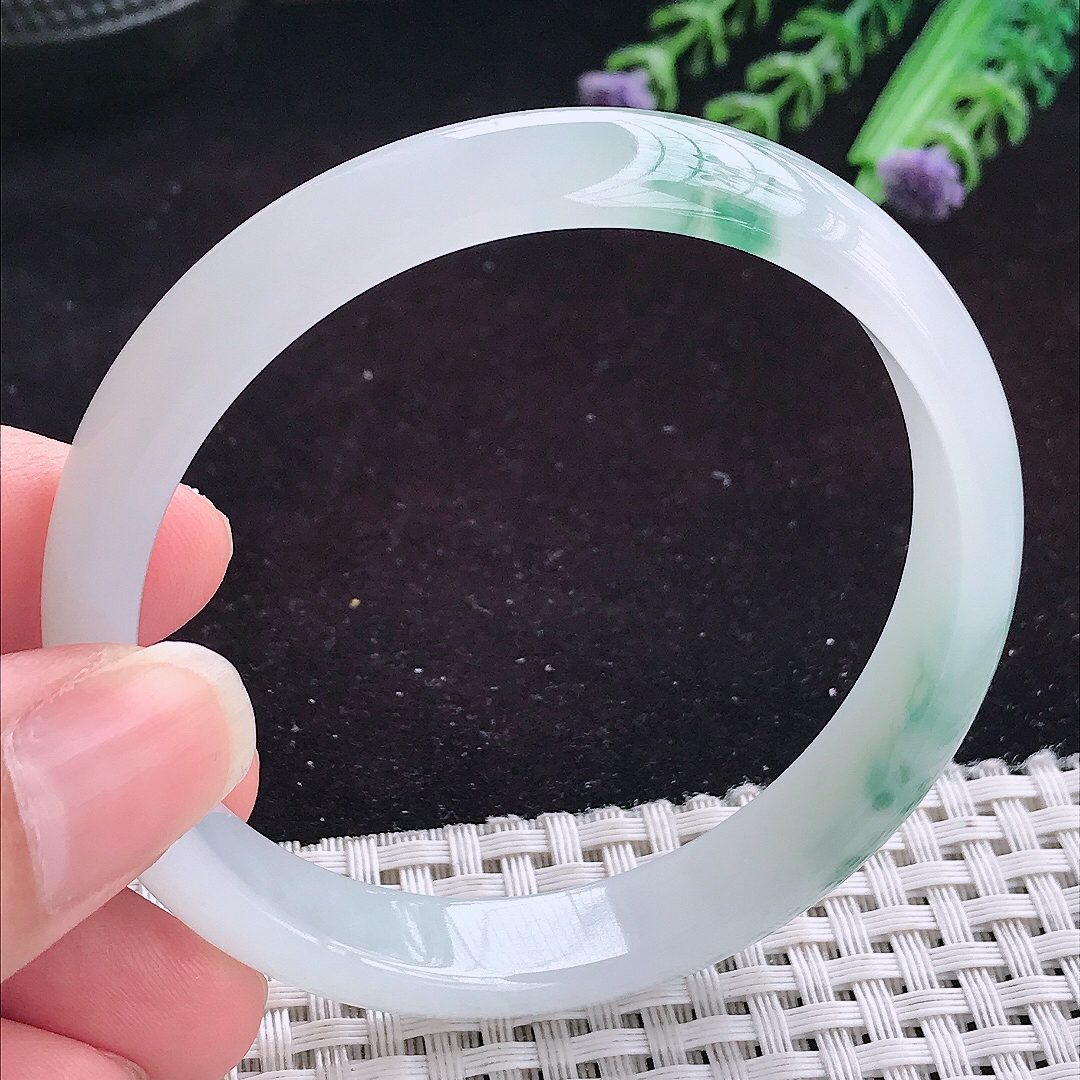 实拍A货翡翠57.5/11.3/6.5老坑冰润起胶冰飘花手镯平安镯翡翠玉镯女款