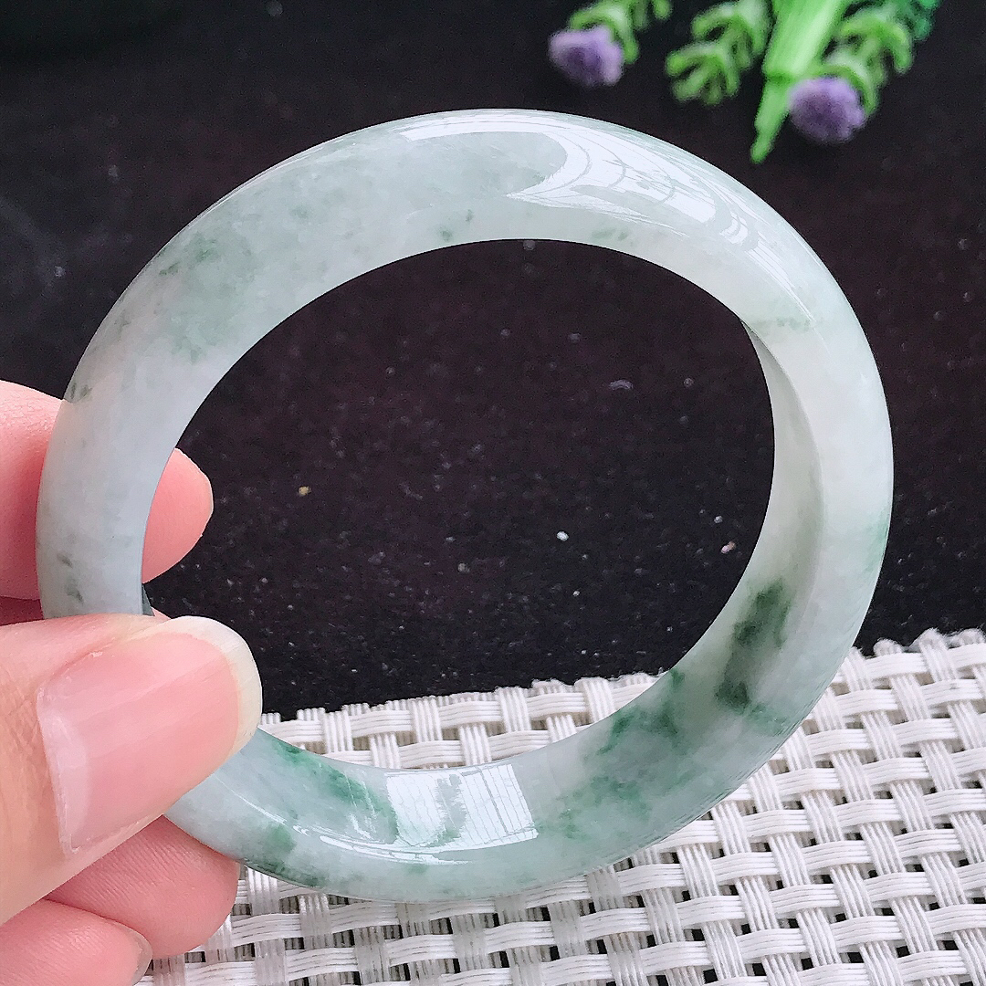 自然光53/13.6/7.6老坑精美温润飘花宽边手镯平安镯翡翠玉镯美人镯