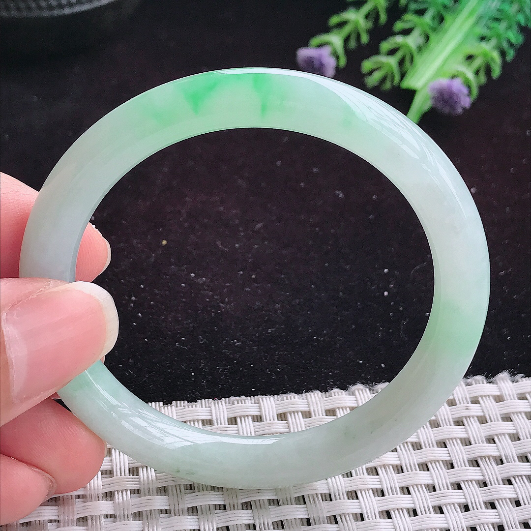 实拍A货翡翠51/8/7.8小圈口老坑冰润飘阳绿圆条手镯平安镯翡翠玉镯美人镯
