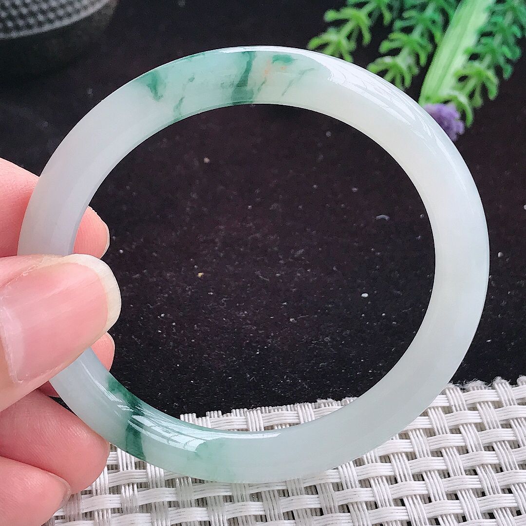 自然光51.5/7.5小圈口老坑冰胶冰飘花圆条手镯平安镯翡翠玉镯美人镯