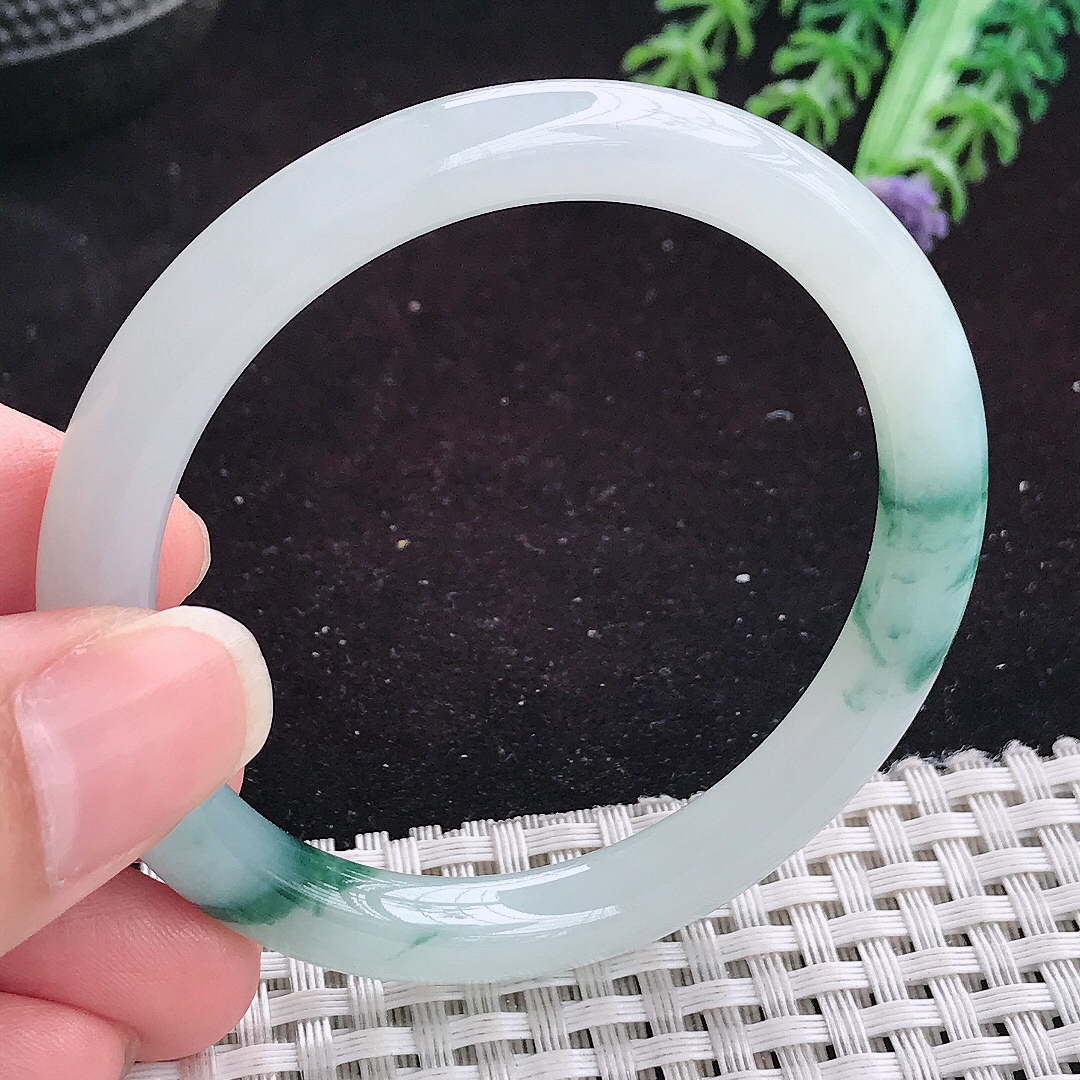 自然光51.5/7.5小圈口老坑冰胶冰飘花圆条手镯平安镯翡翠玉镯美人镯