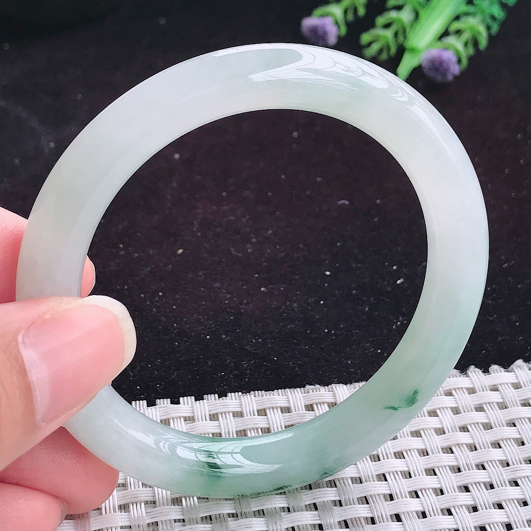 自然光53.5/9.2老坑精美冰飘花圆条手镯平安镯翡翠玉镯美人镯