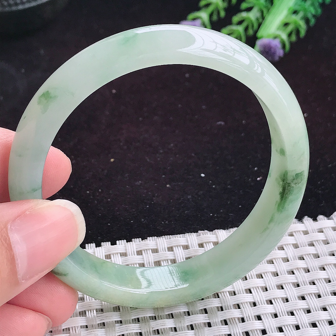 自然光55/11.8/7老坑冰润飘花手镯平安镯翡翠玉镯美人镯