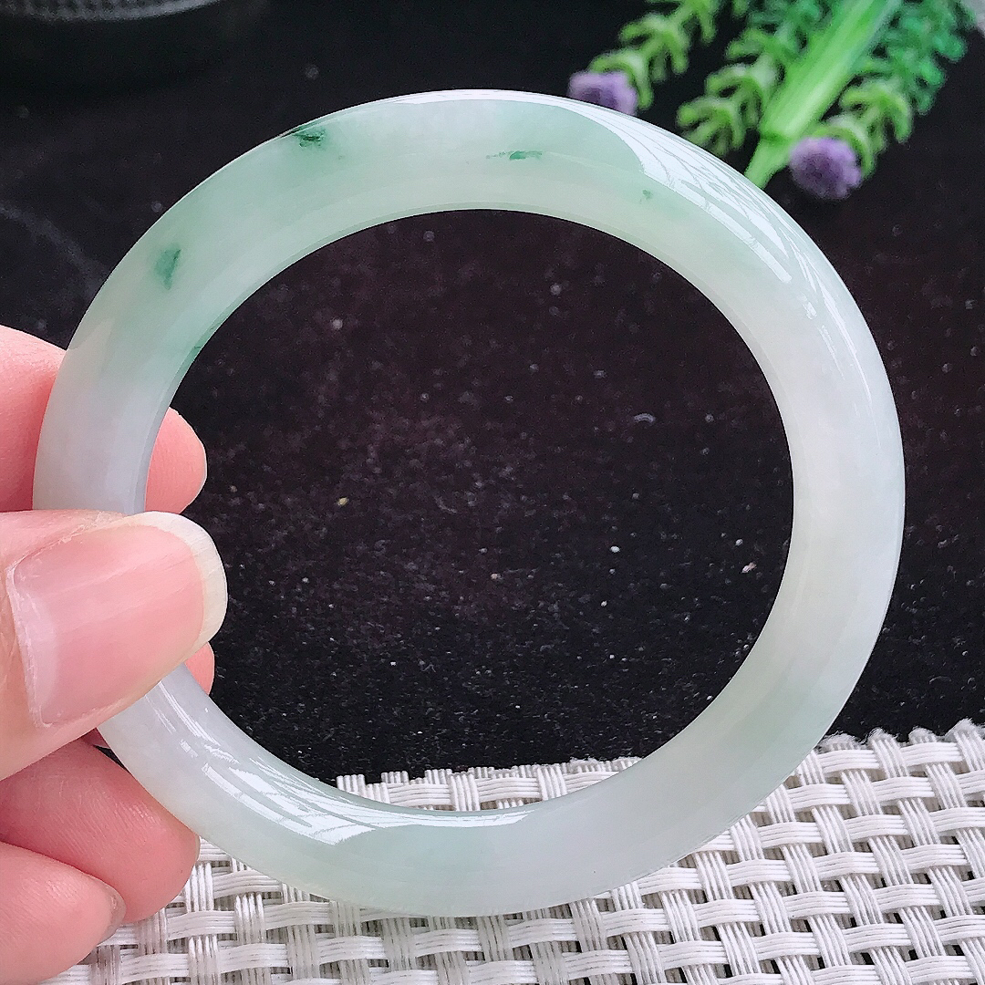 自然光53.5/9.2老坑精美冰飘花圆条手镯平安镯翡翠玉镯美人镯