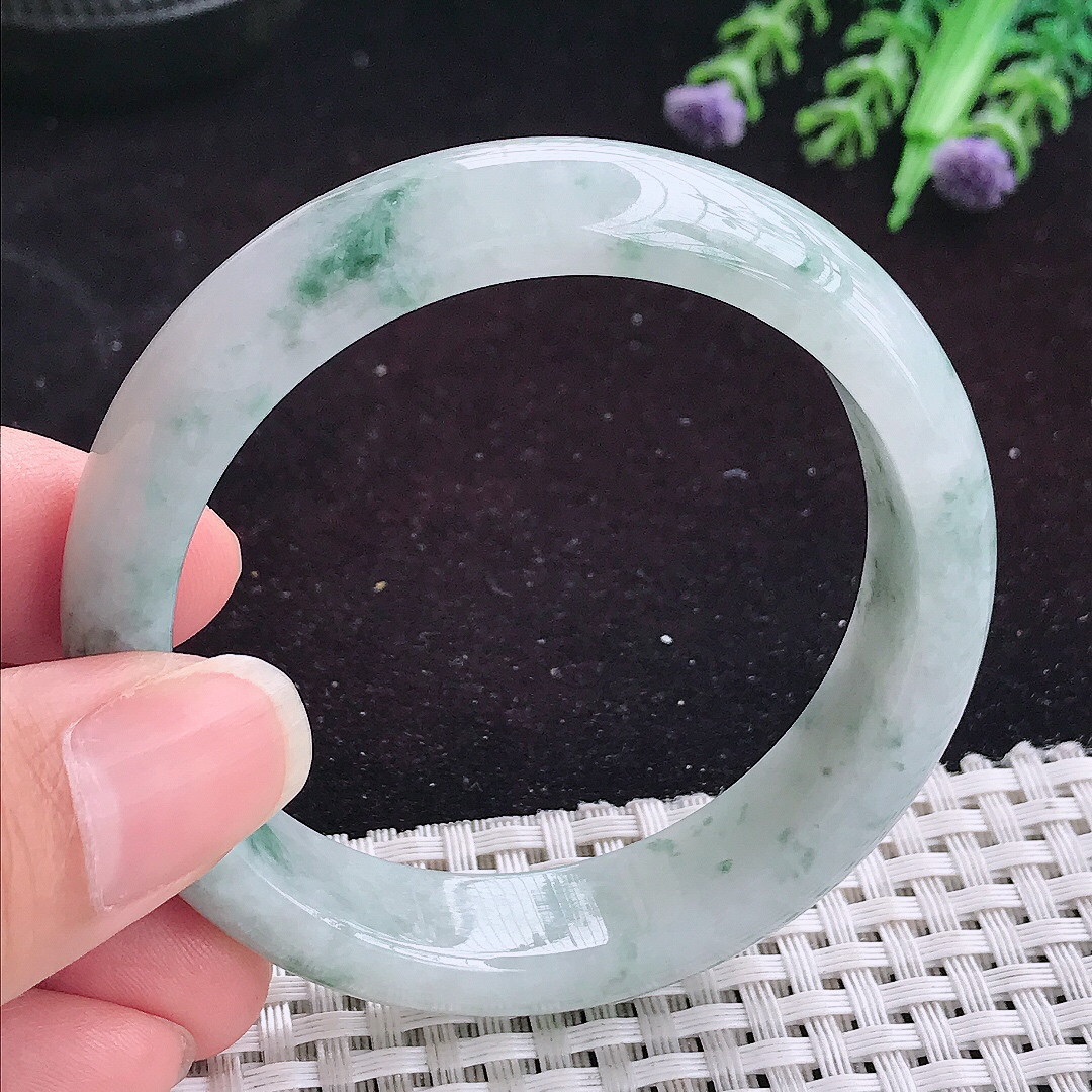 自然光53/13.6/7.6老坑精美温润飘花宽边手镯平安镯翡翠玉镯美人镯