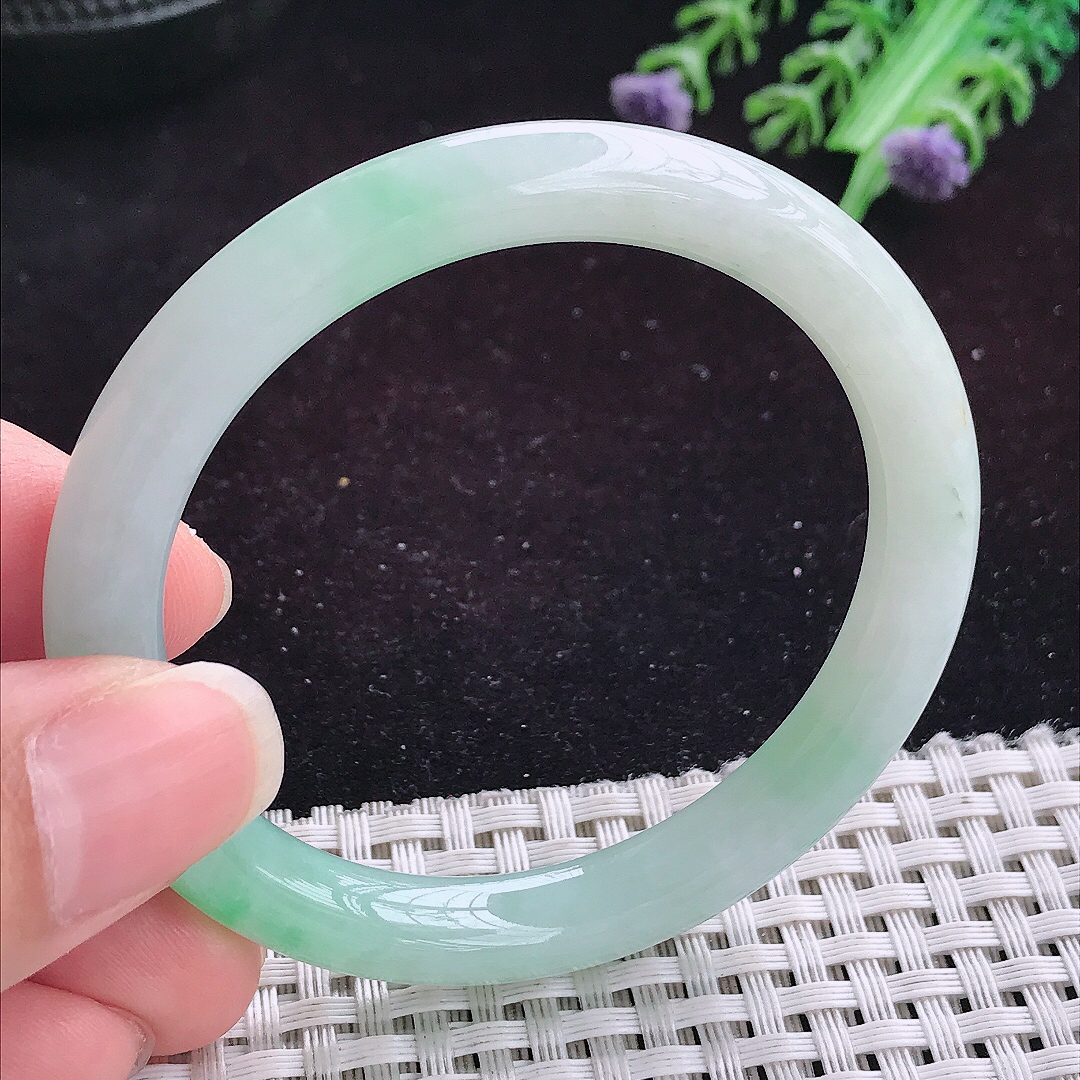 实拍A货翡翠51/8/7.8小圈口老坑冰润飘阳绿圆条手镯平安镯翡翠玉镯美人镯