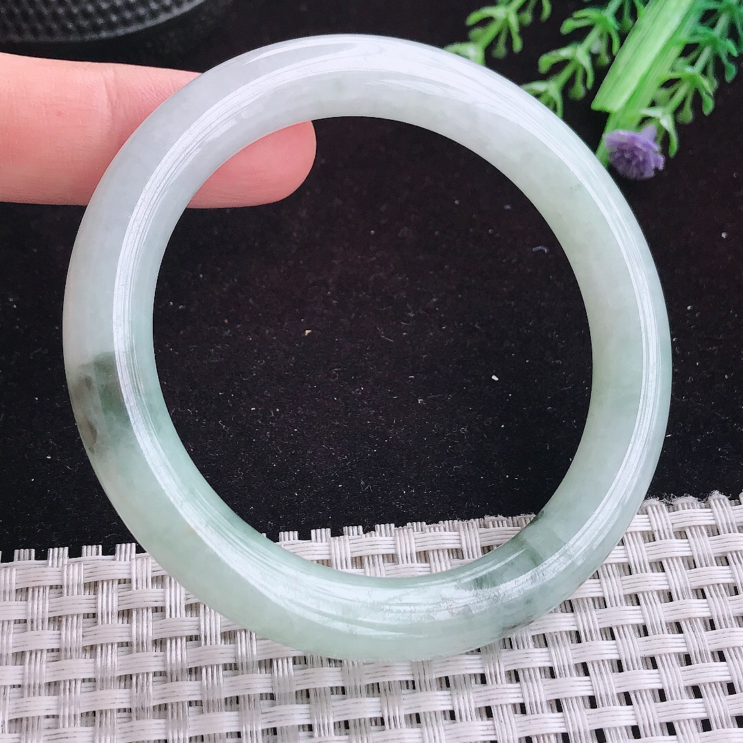 自然光57/9.5老坑精美冰润飘花圆条手镯平安镯翡翠玉镯美人镯
