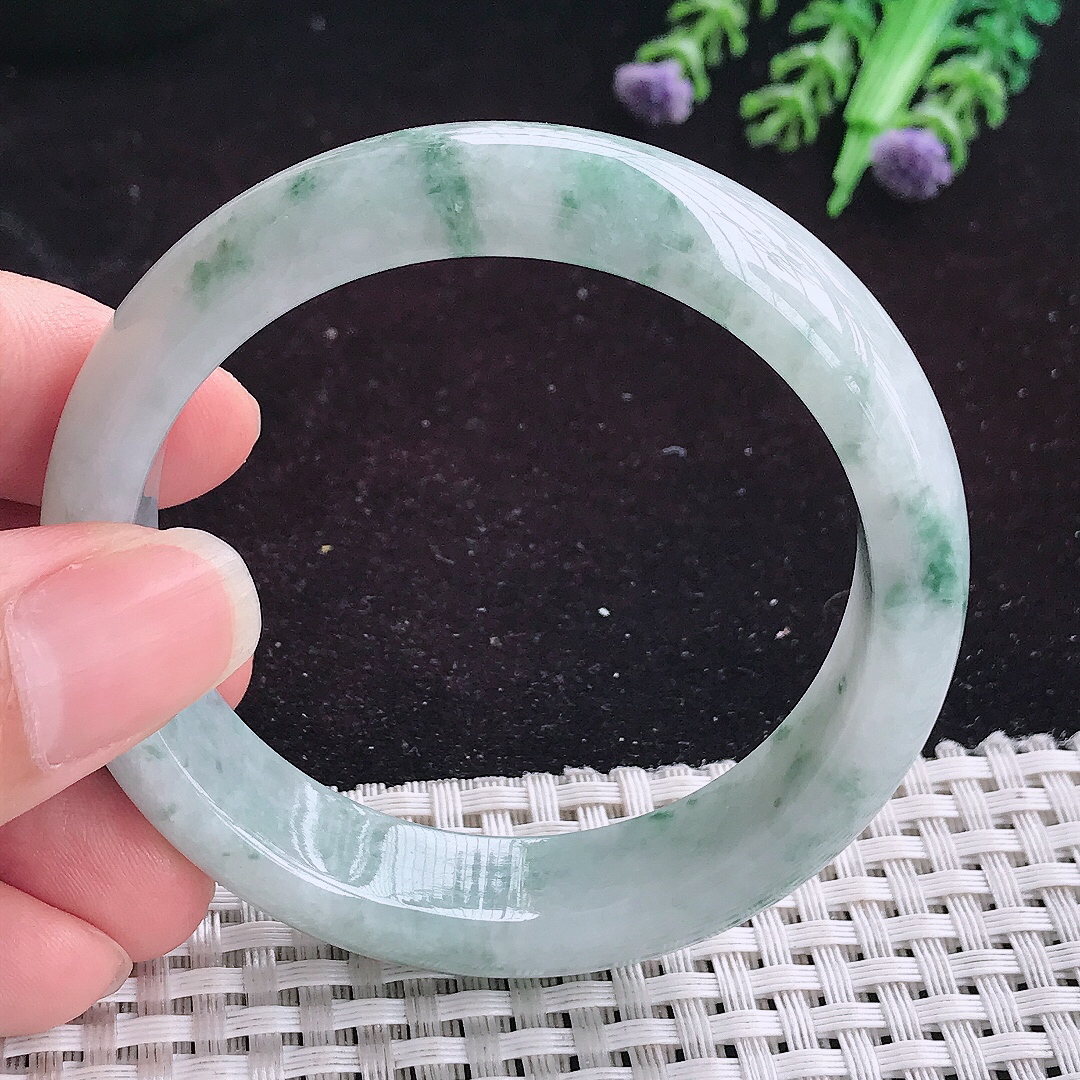 自然光53/13.6/7.6老坑精美温润飘花宽边手镯平安镯翡翠玉镯美人镯