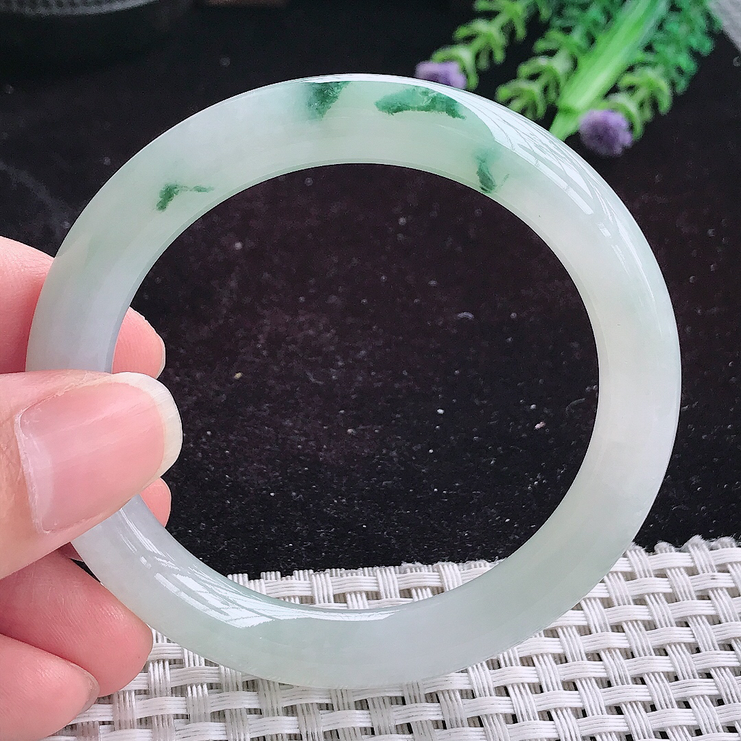 自然光53.5/9.2老坑精美冰飘花圆条手镯平安镯翡翠玉镯美人镯