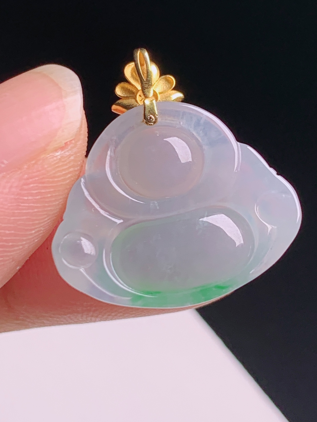 ️ 冰种飘花佛公吊坠，冰润通透起胶饱满，18K金镶阳绿顶珠笑口常开 530608