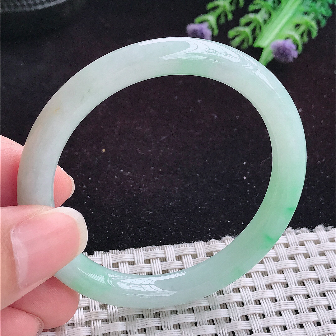 实拍A货翡翠51/8/7.8小圈口老坑冰润飘阳绿圆条手镯平安镯翡翠玉镯美人镯