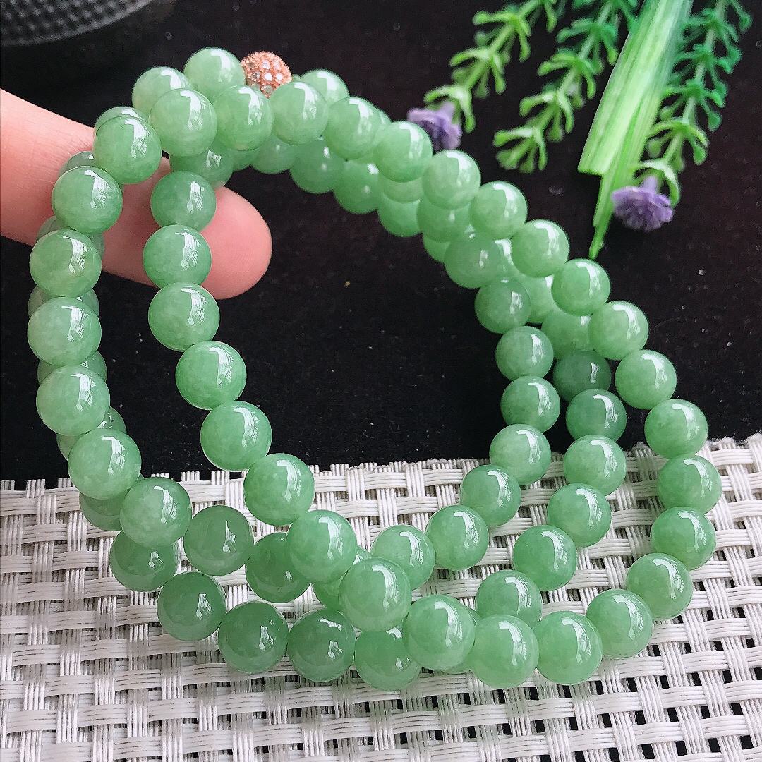 实拍A货翡翠8.5/80颗老坑精美冰润满绿手链吊坠翡翠玉珠手串