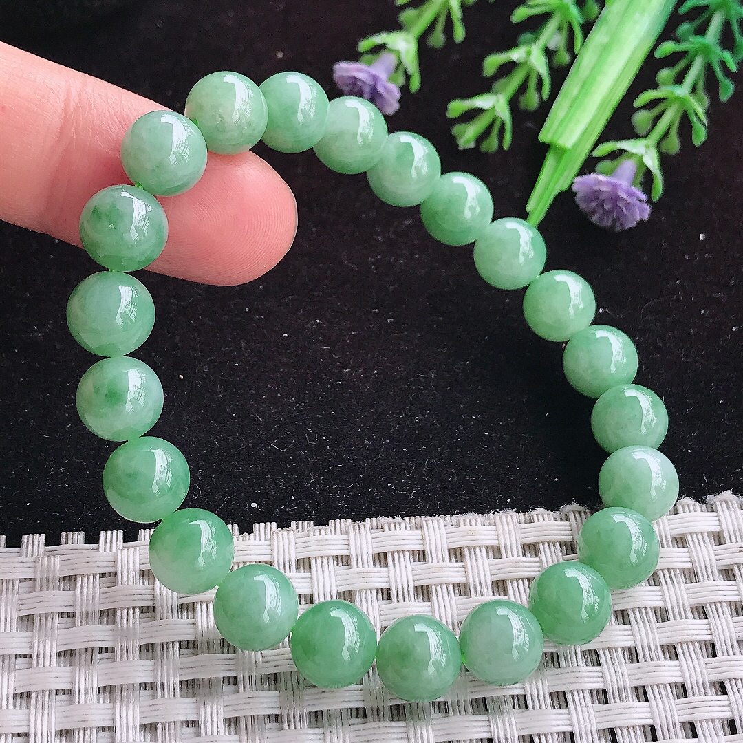 实拍A货翡翠8.6/22颗老坑温润满绿圆珠手链吊坠翡翠玉珠手串