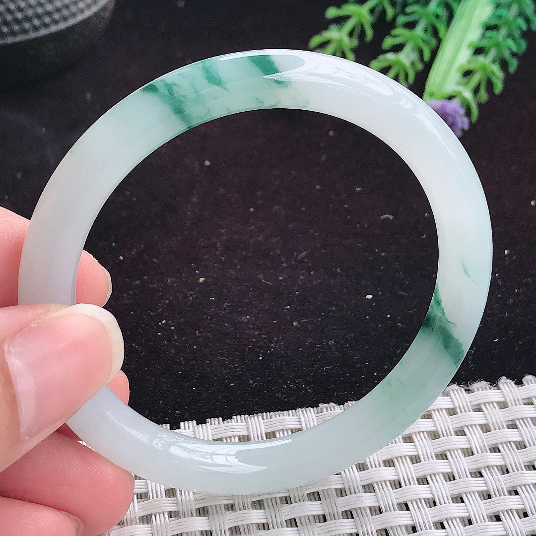 自然光51.5/7.5小圈口老坑冰胶冰飘花圆条手镯平安镯翡翠玉镯美人镯