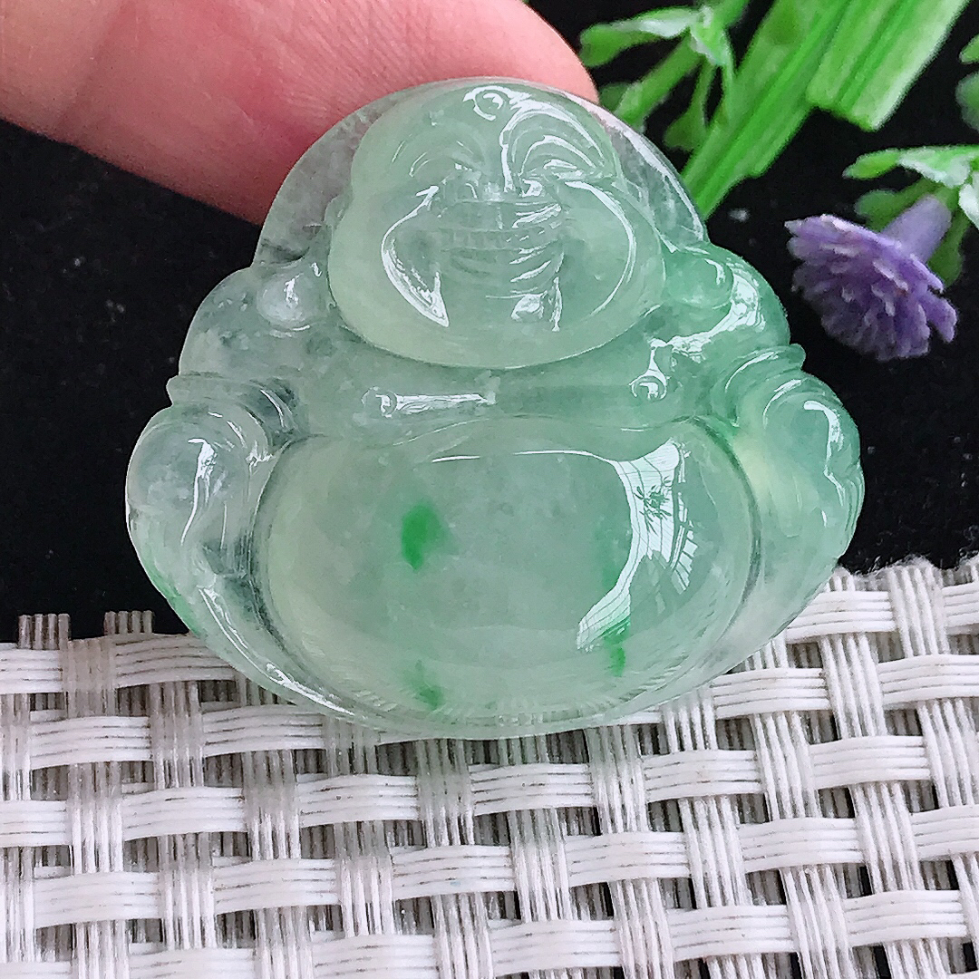 实拍A货翡翠32/35.8/8.5精美冰胶冰晴甜绿佛公吊坠翡翠玉牌