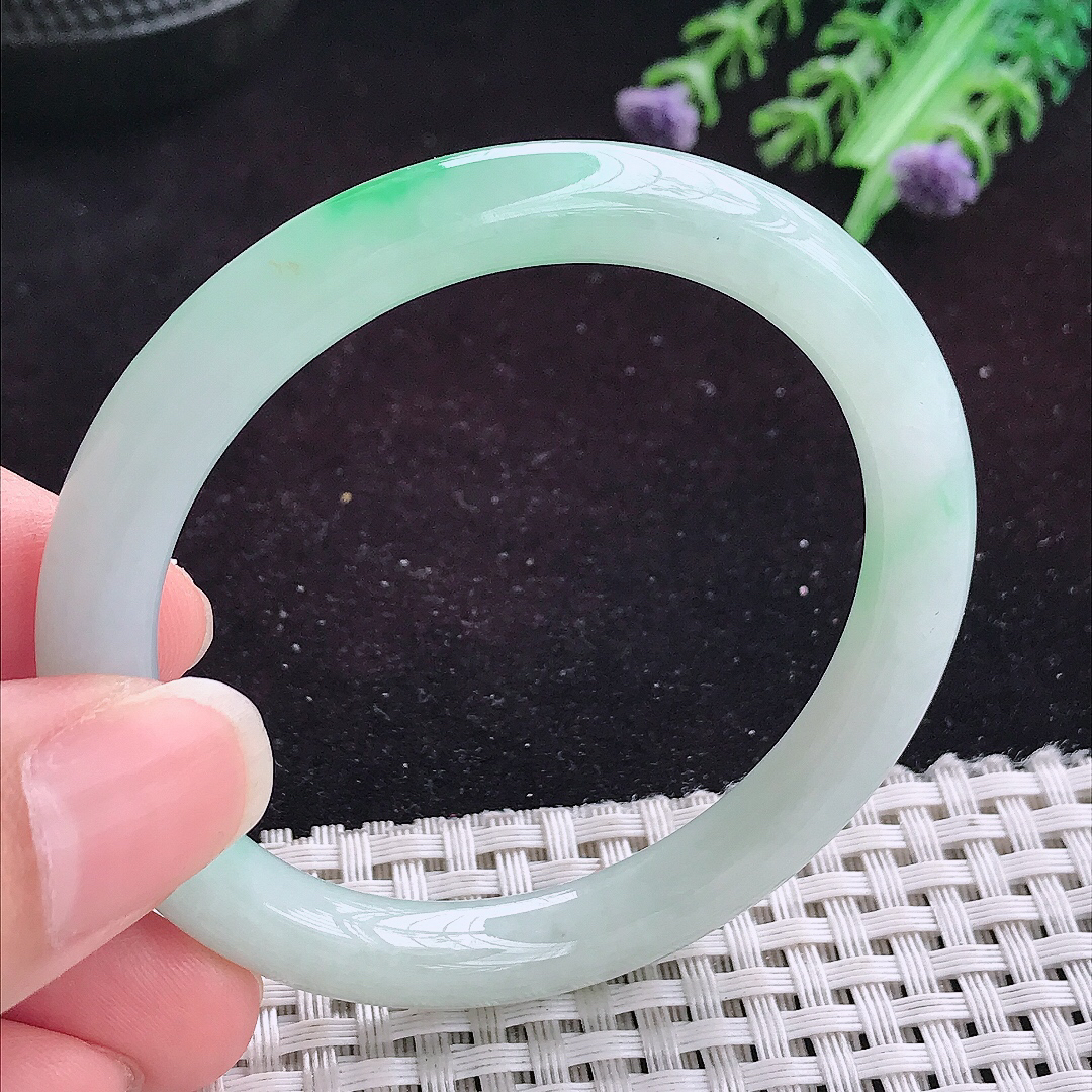 实拍A货翡翠51/8/7.8小圈口老坑冰润飘阳绿圆条手镯平安镯翡翠玉镯美人镯