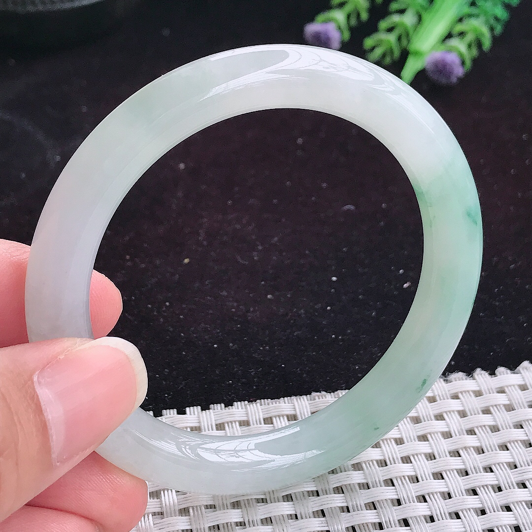 自然光53.5/9.2老坑精美冰飘花圆条手镯平安镯翡翠玉镯美人镯