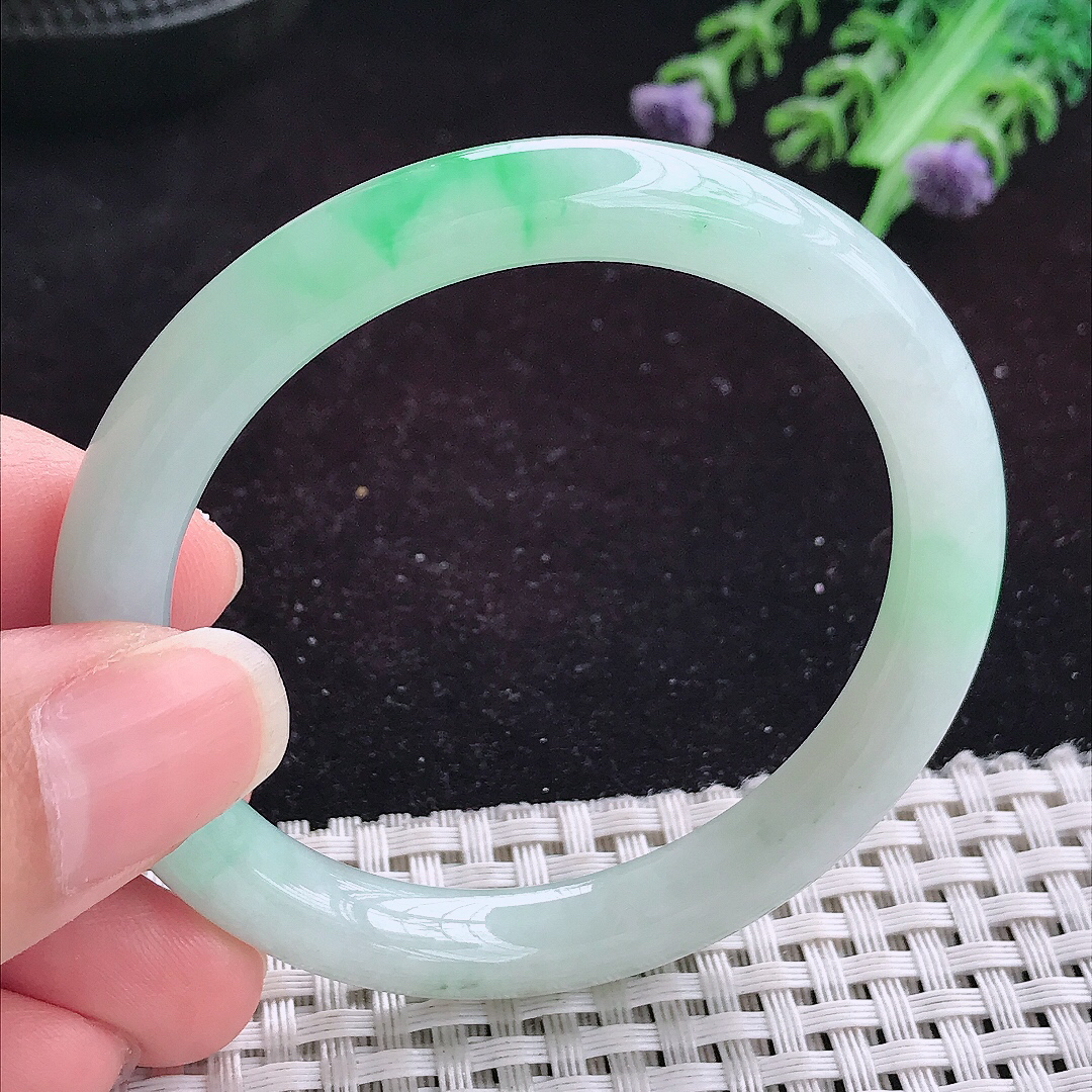 实拍A货翡翠51/8/7.8小圈口老坑冰润飘阳绿圆条手镯平安镯翡翠玉镯美人镯