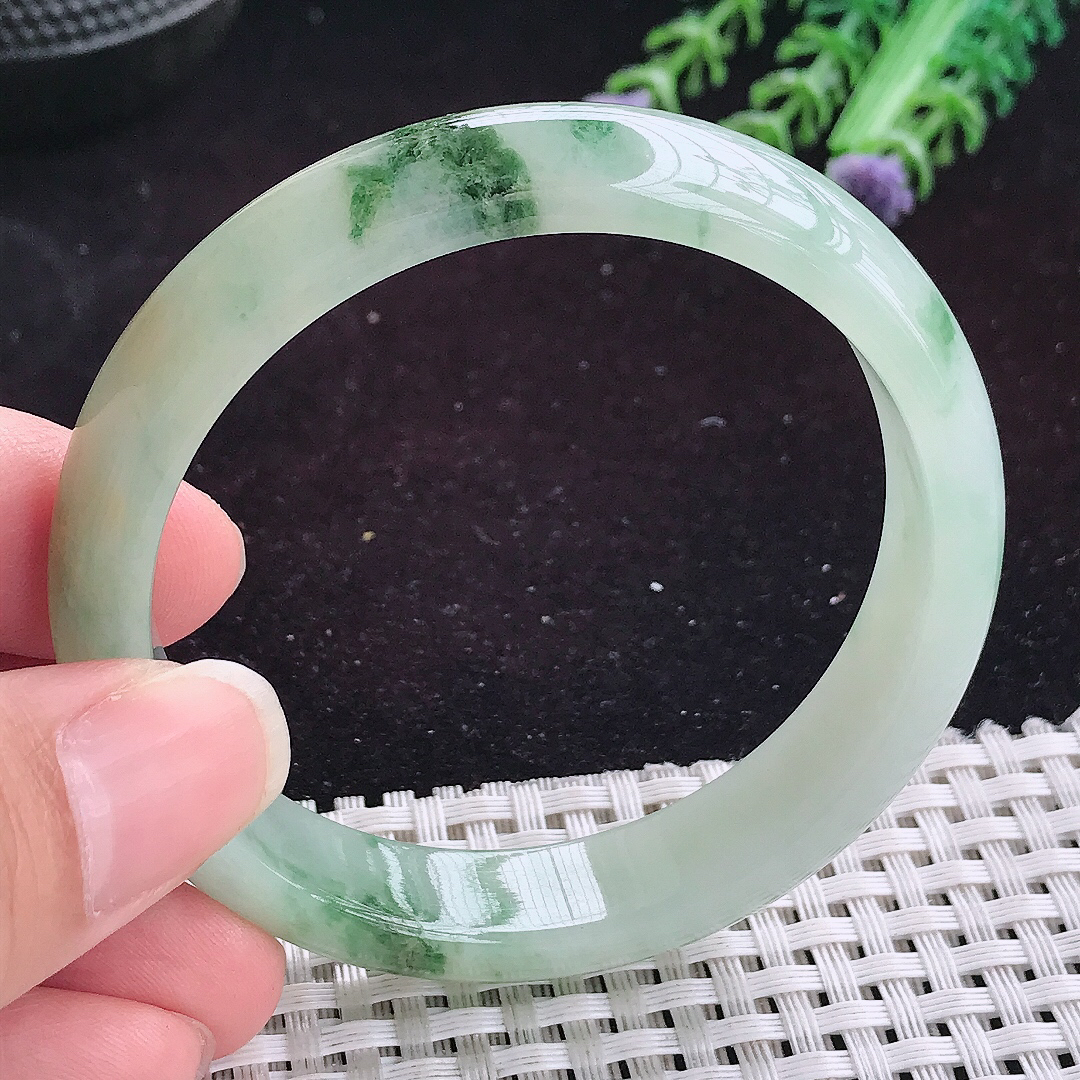 自然光55/11.8/7老坑冰润飘花手镯平安镯翡翠玉镯美人镯