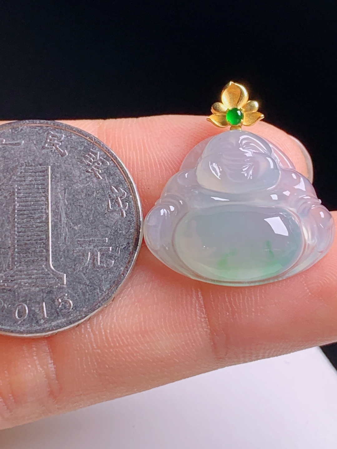 ️ 冰种飘花佛公吊坠，冰润通透起胶饱满，18K金镶阳绿顶珠笑口常开 530608