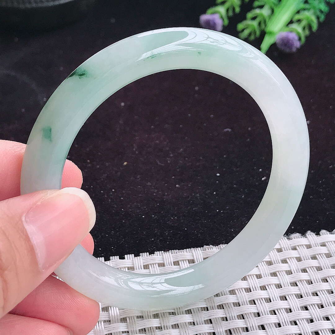 自然光53.5/9.2老坑精美冰飘花圆条手镯平安镯翡翠玉镯美人镯
