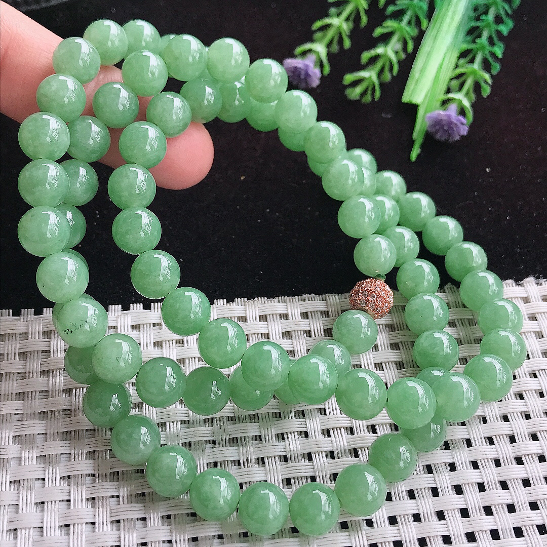 实拍A货翡翠8.5/80颗老坑精美冰润满绿手链吊坠翡翠玉珠手串