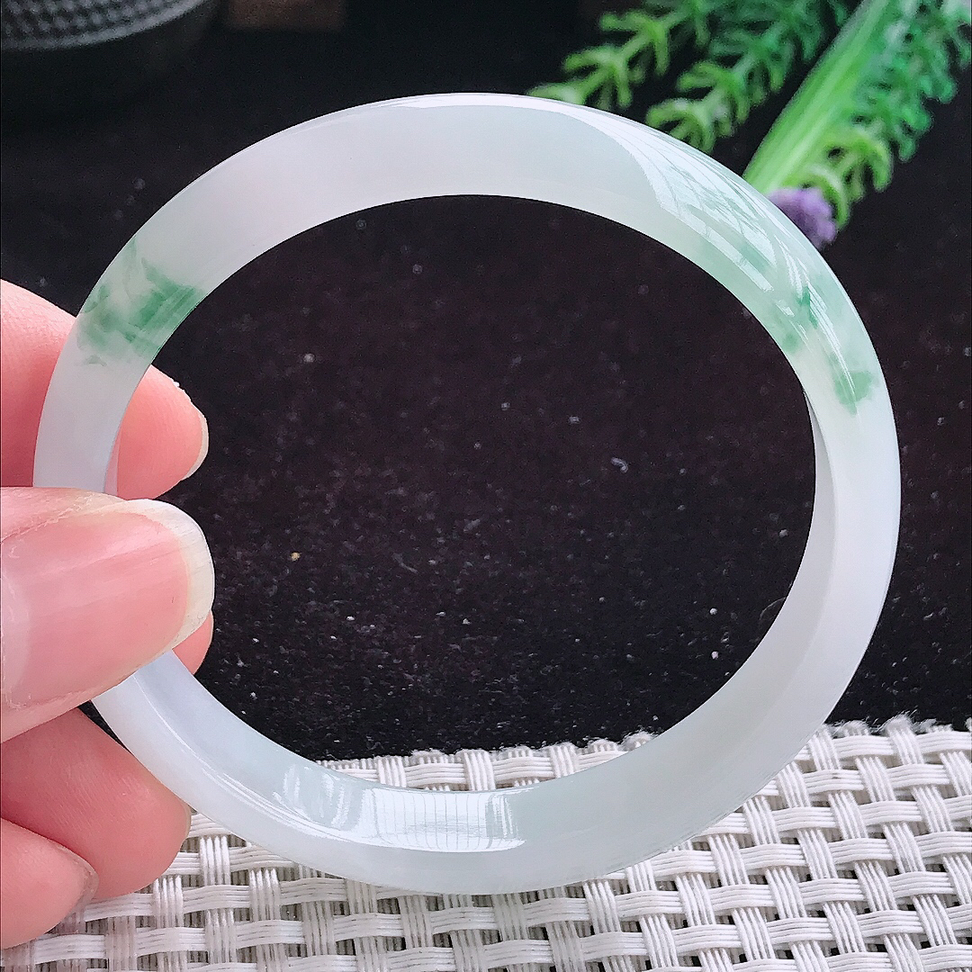 实拍A货翡翠57.5/11.3/6.5老坑冰润起胶冰飘花手镯平安镯翡翠玉镯女款