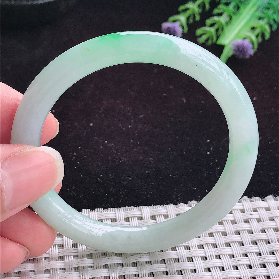 实拍A货翡翠51/8/7.8小圈口老坑冰润飘阳绿圆条手镯平安镯翡翠玉镯美人镯