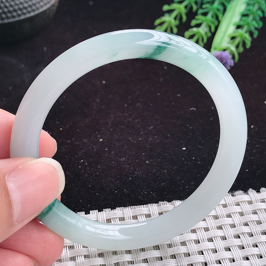 自然光51.5/7.5小圈口老坑冰胶冰飘花圆条手镯平安镯翡翠玉镯美人镯