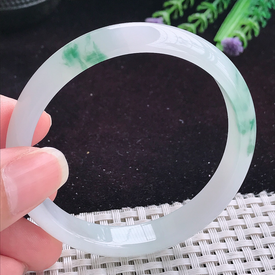 实拍A货翡翠57.5/11.3/6.5老坑冰润起胶冰飘花手镯平安镯翡翠玉镯女款