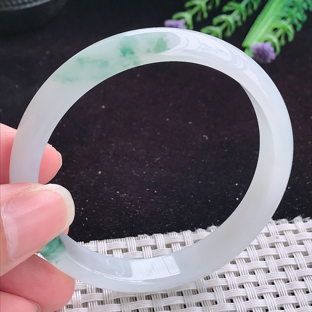 实拍A货翡翠57.5/11.3/6.5老坑冰润起胶冰飘花手镯平安镯翡翠玉镯女款