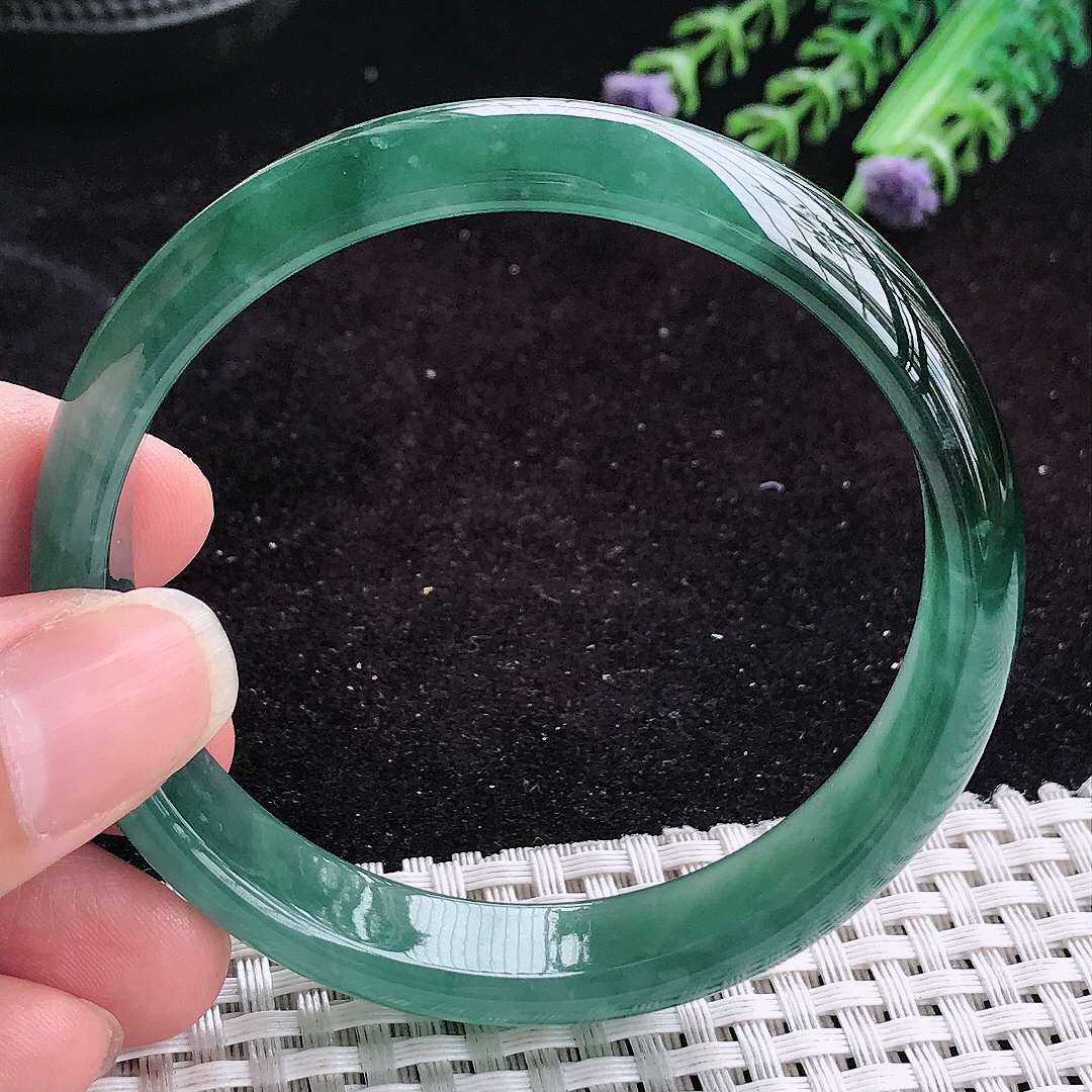 自然光59/12.3/6.6老坑冰润起胶满色蓝韵手镯平安镯翡翠玉镯美人镯