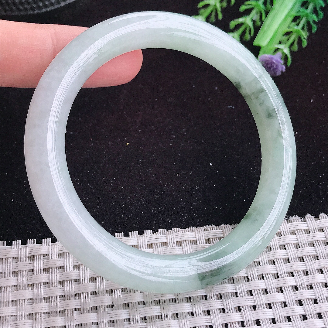 自然光57/9.5老坑精美冰润飘花圆条手镯平安镯翡翠玉镯美人镯