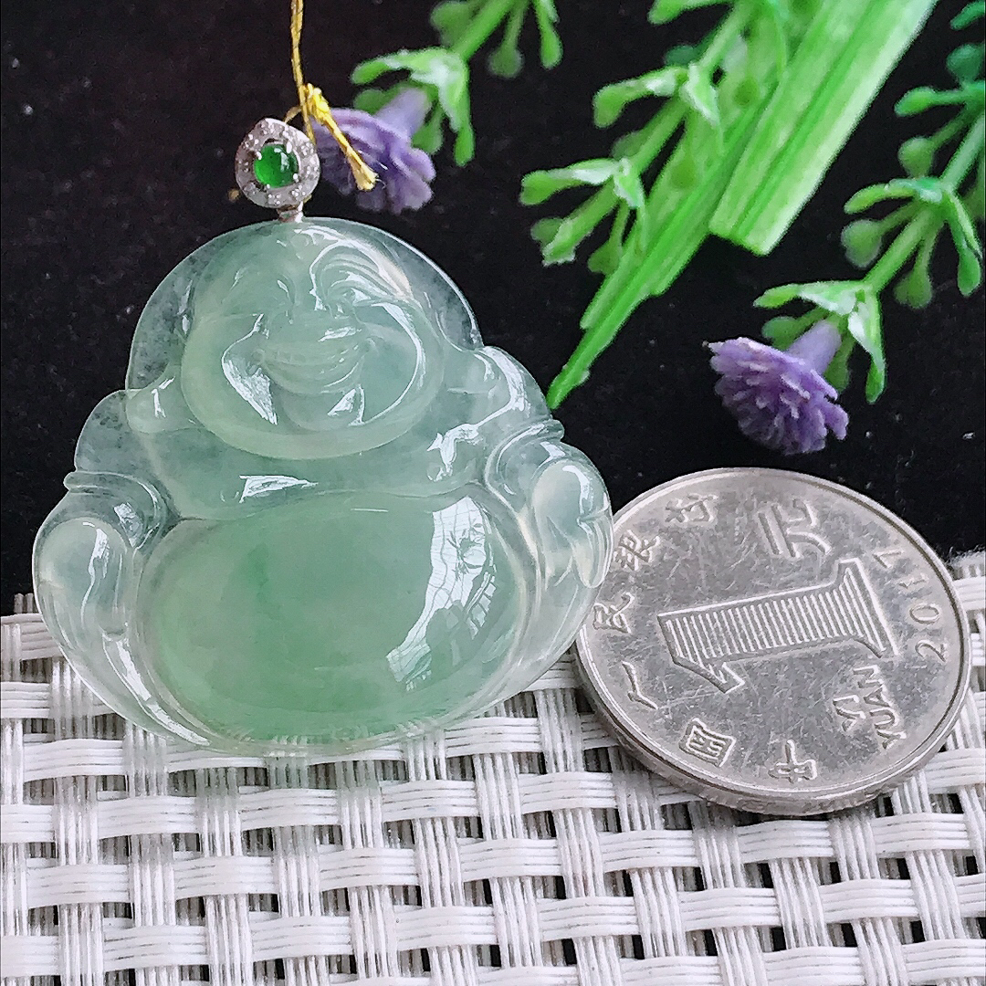 实拍A货翡翠32.3/34.9/6老坑18k金镶嵌冰胶冰晴满绿佛公吊坠翡翠玉牌