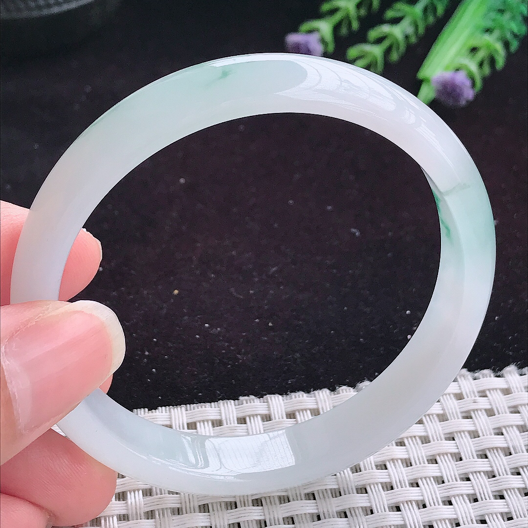 实拍A货翡翠57.5/11.3/6.5老坑冰润起胶冰飘花手镯平安镯翡翠玉镯女款