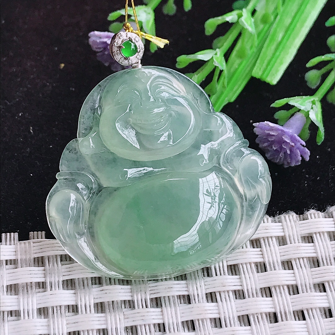 实拍A货翡翠32.3/34.9/6老坑18k金镶嵌冰胶冰晴满绿佛公吊坠翡翠玉牌
