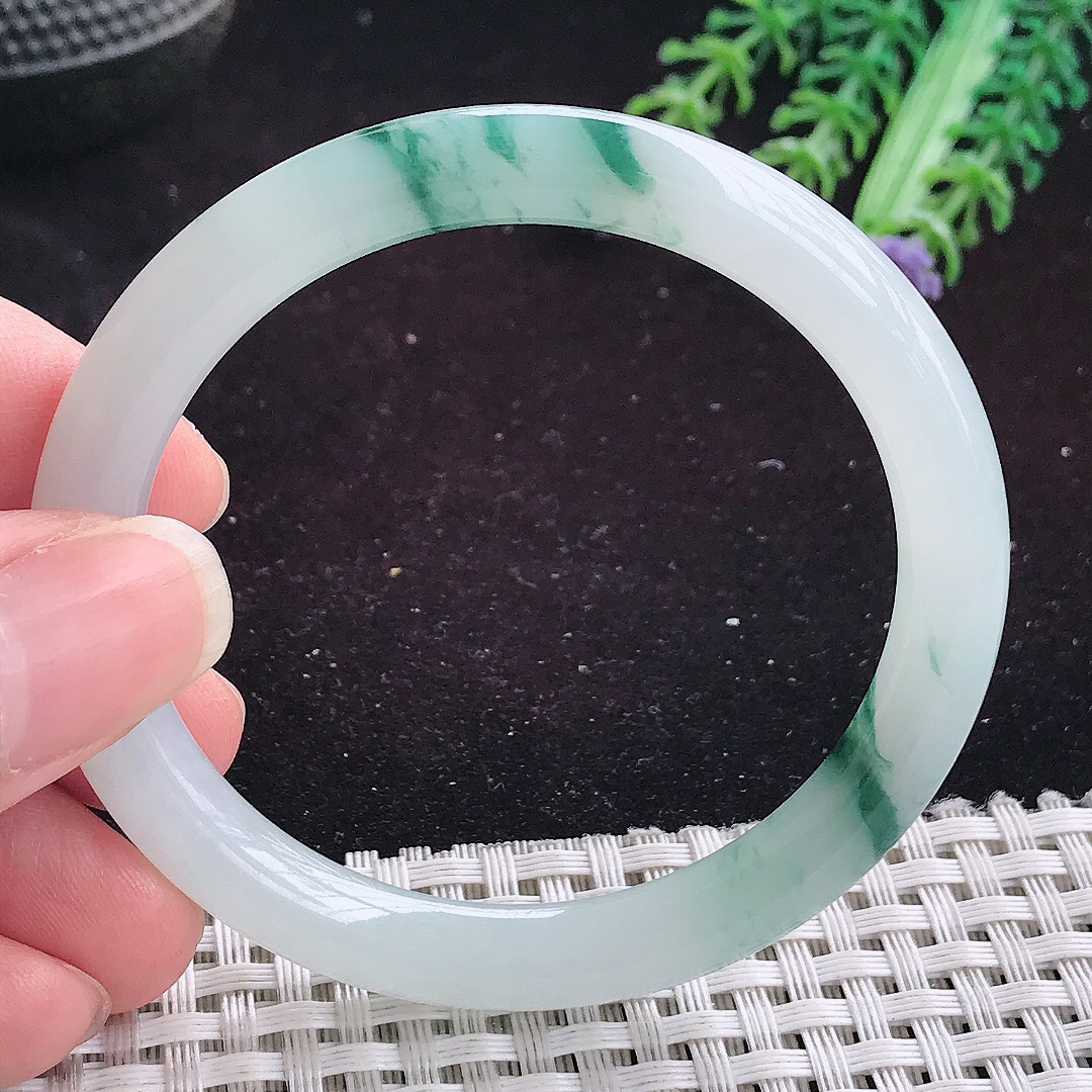自然光51.5/7.5小圈口老坑冰胶冰飘花圆条手镯平安镯翡翠玉镯美人镯