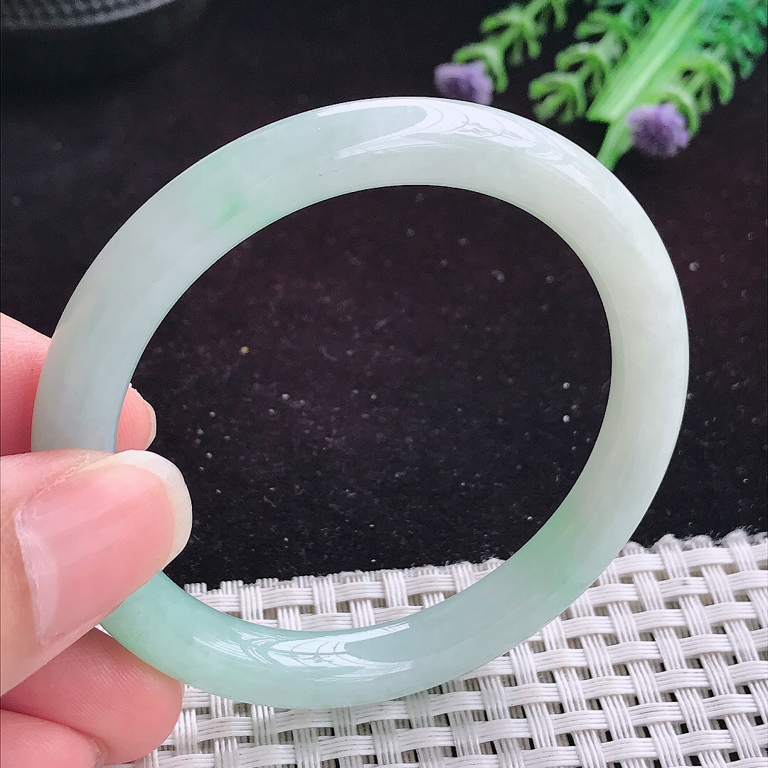 实拍A货翡翠51/8/7.8小圈口老坑冰润飘阳绿圆条手镯平安镯翡翠玉镯美人镯
