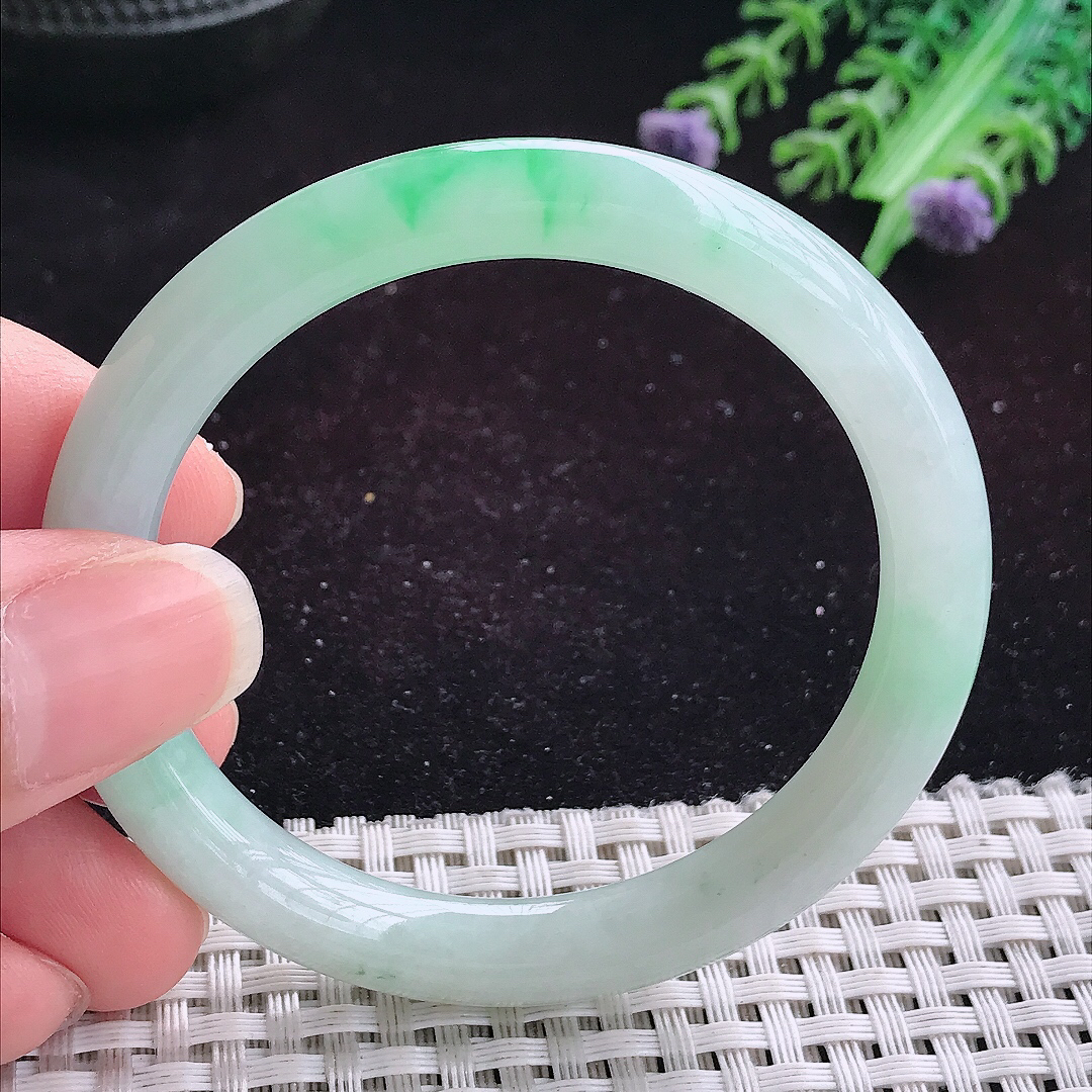 实拍A货翡翠51/8/7.8小圈口老坑冰润飘阳绿圆条手镯平安镯翡翠玉镯美人镯