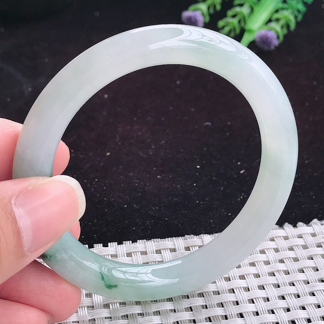 自然光53.5/9.2老坑精美冰飘花圆条手镯平安镯翡翠玉镯美人镯