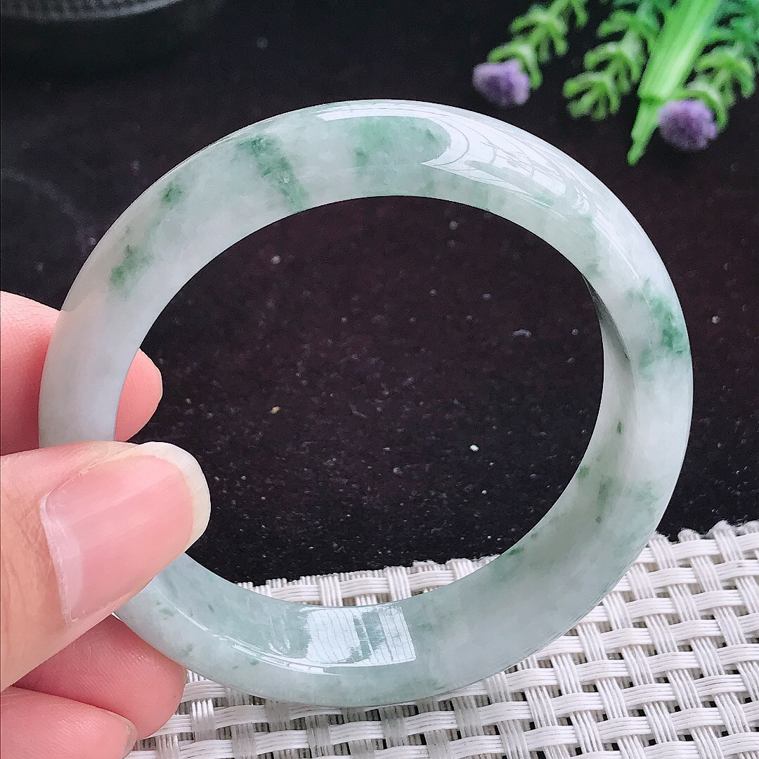 自然光53/13.6/7.6老坑精美温润飘花宽边手镯平安镯翡翠玉镯美人镯