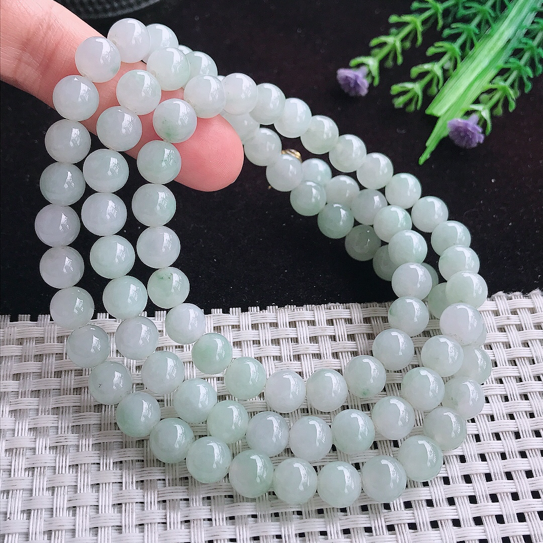 实拍A货翡翠8.5/88颗老坑冰润起胶晴底圆珠项链吊坠翡翠玉珠手串