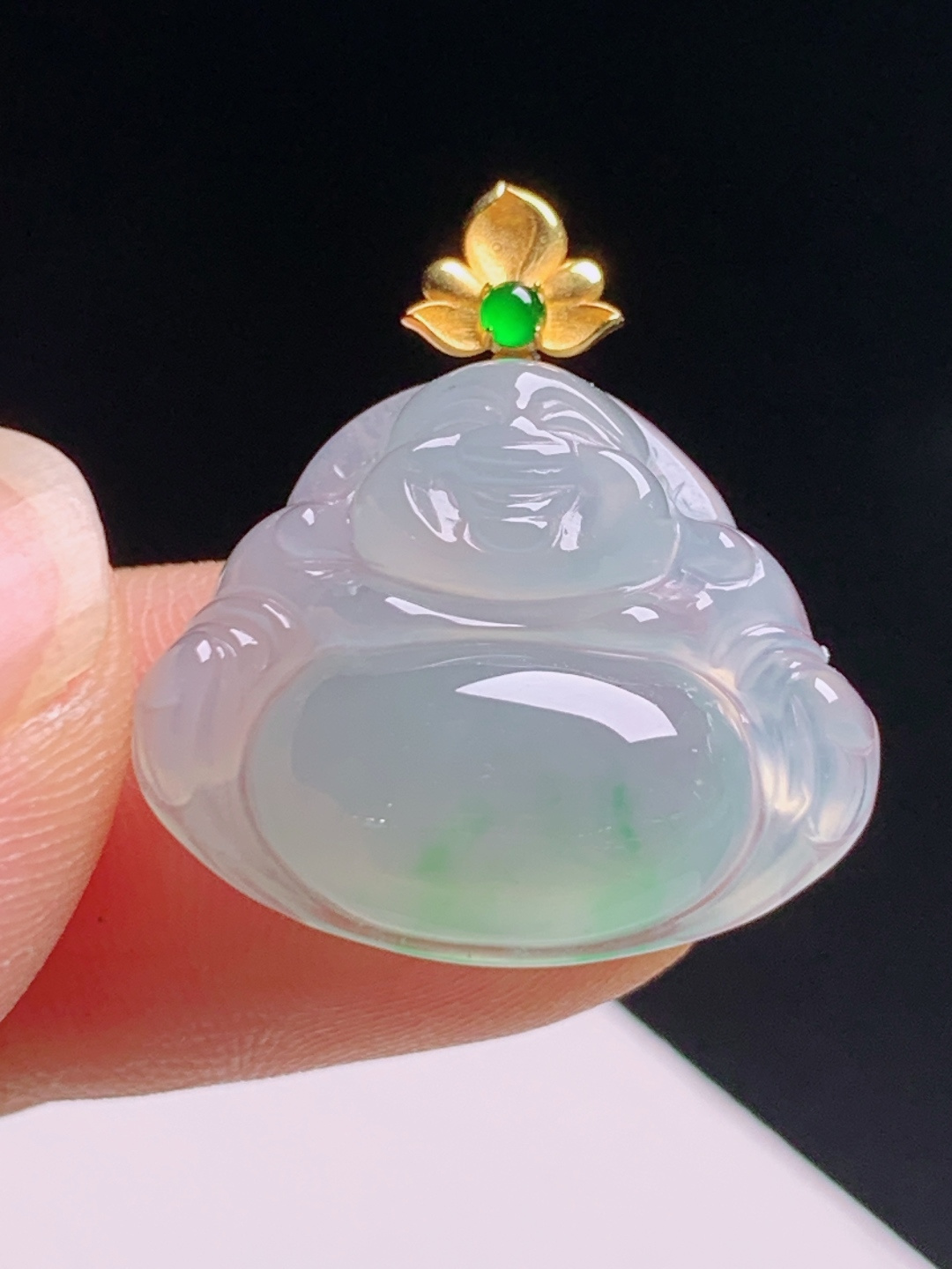 ️ 冰种飘花佛公吊坠，冰润通透起胶饱满，18K金镶阳绿顶珠笑口常开 530608